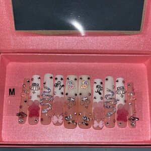 Pink and White Rhinestone Nail Set